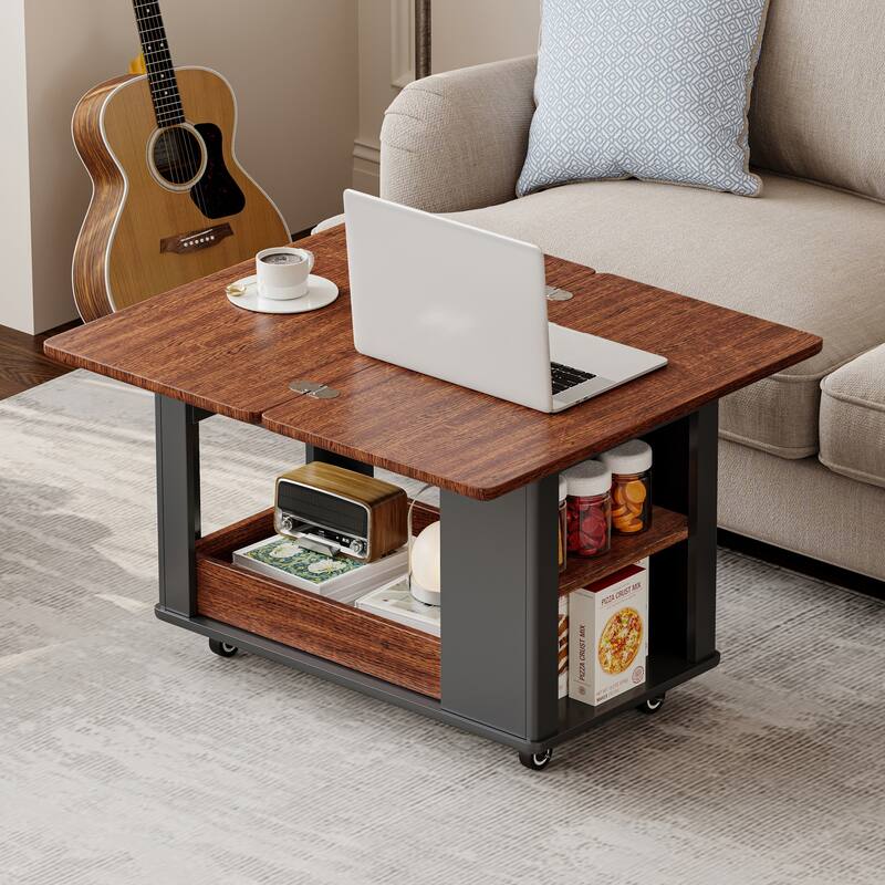 27.6" Modern Coffee Table with Foldable Top & Casters, Multi-Tier Storage Side Table for Living Room