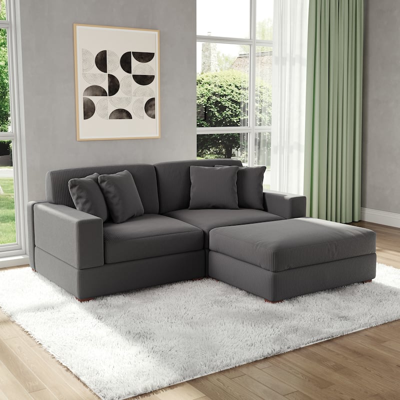 Modular Corduroy Sectional Sofa Set Chaise Couch with Ottoman