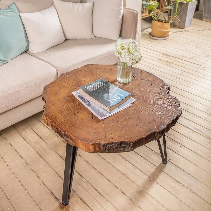 COSIEST Faux Wood Tree-Slice Outdoor Coffee Table - 31.5"W x 30"D x 20"H