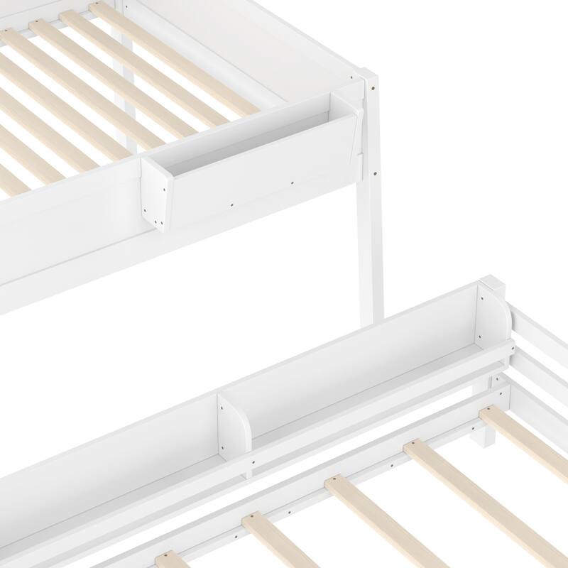 Queen Bunk Bed With Storage Shelf and Bookshelf,Wood Bunk Bed with Ladder and Guardrails,Detachable Design