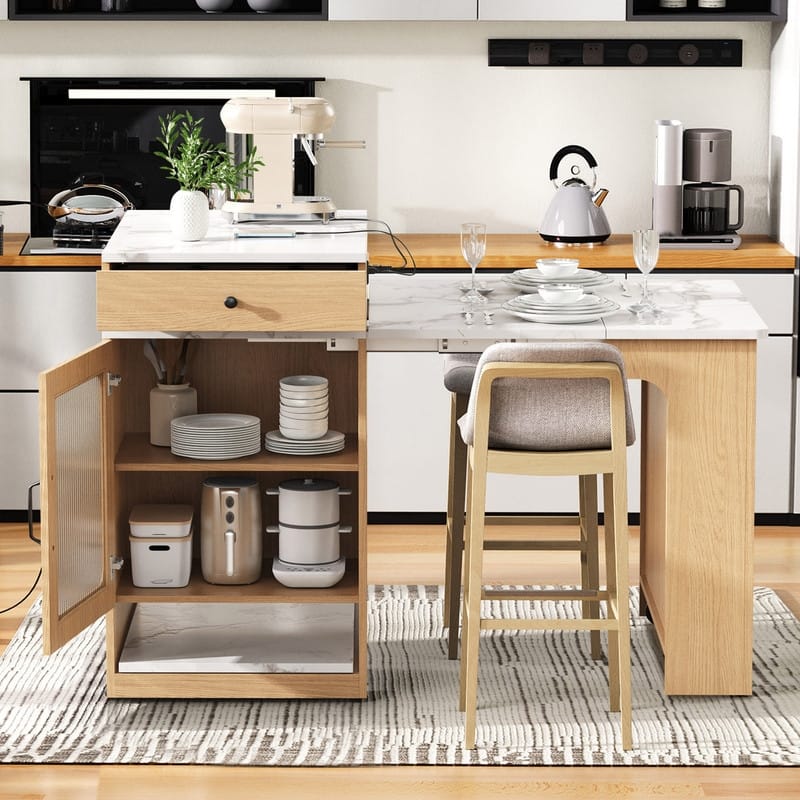 59.5" Kitchen Island with Extendable Dining Table Double-sided Storage and Built-in Power Outlet for Kitchen, Dining Room - Natural