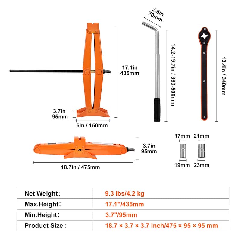 Scissor Jack Portable Tire Jack for Cars Trucks Sedans MPVs - 2.5 Ton 3.7" to 17.1"