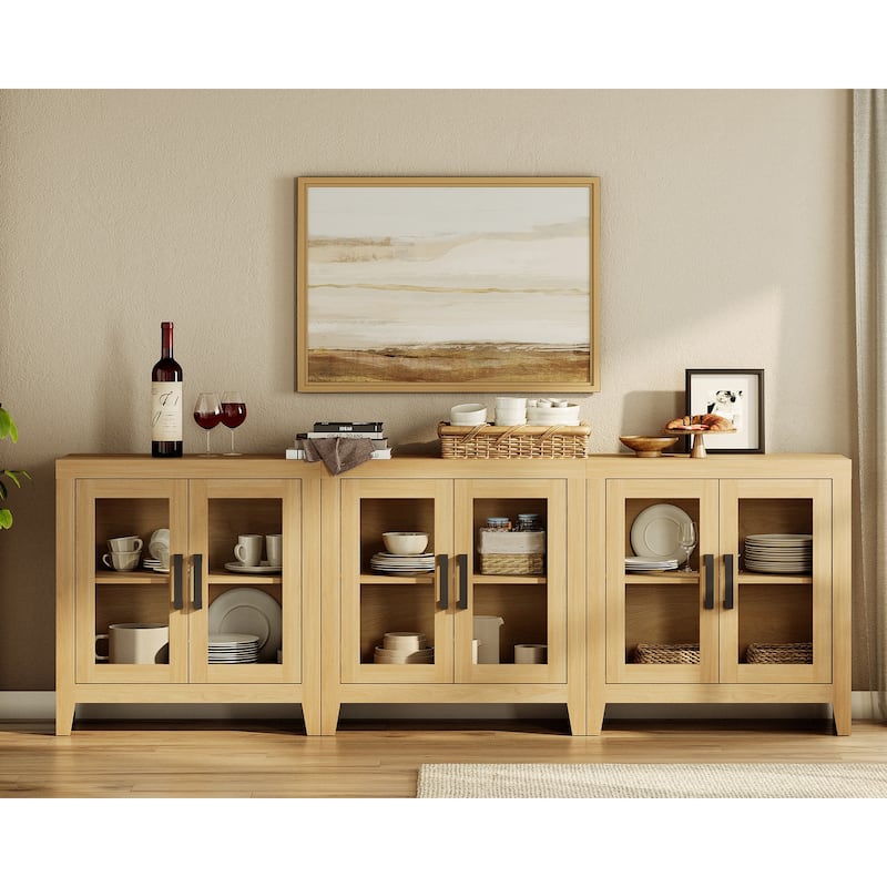 WAMPAT Modern Farmhouse TV Stand, Entertainment Center with Tempered Glass Doors & Adjustable Shelves - 95 inches in width - Oak