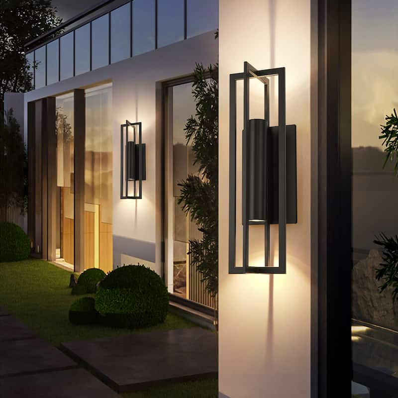 24 in. 2-Light Modern Black Square LED Outdoor Wall Sconce - 7 in. W x 24 in. H x 8.2 in. D