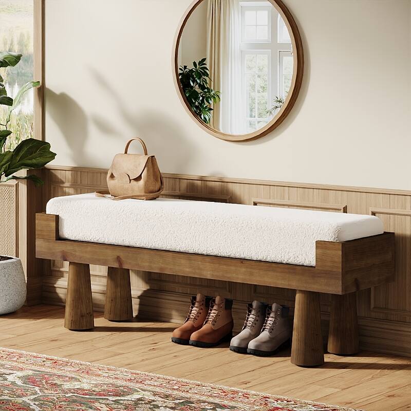 Solid Wood Bench with Cushion, 47.2'' Modern Bench for Bedroom Entryway - White & Brown