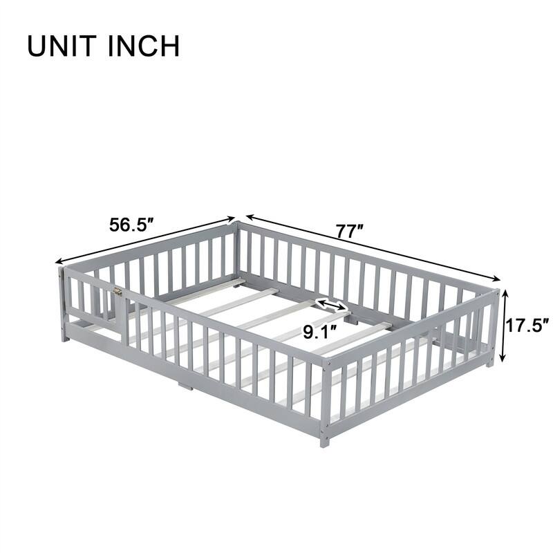 Twin/Full/Queen Size Floor Bed with Fence Guardrails and Door, Rubber Wood Toddler Bed Montessori Bed with Slats Support