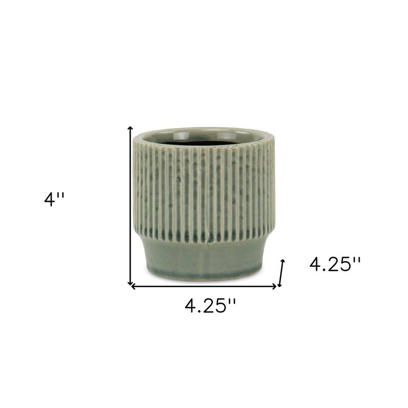 HomeRoots Green Ceramic 35 Ounce Striped Round Distressed Pot Planter - 4.25 in. x 4.00 in. x 4.25 in.