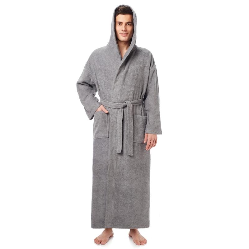 Men's Long Turkish Cotton Hooded Bathrobe - Gray - L-XL