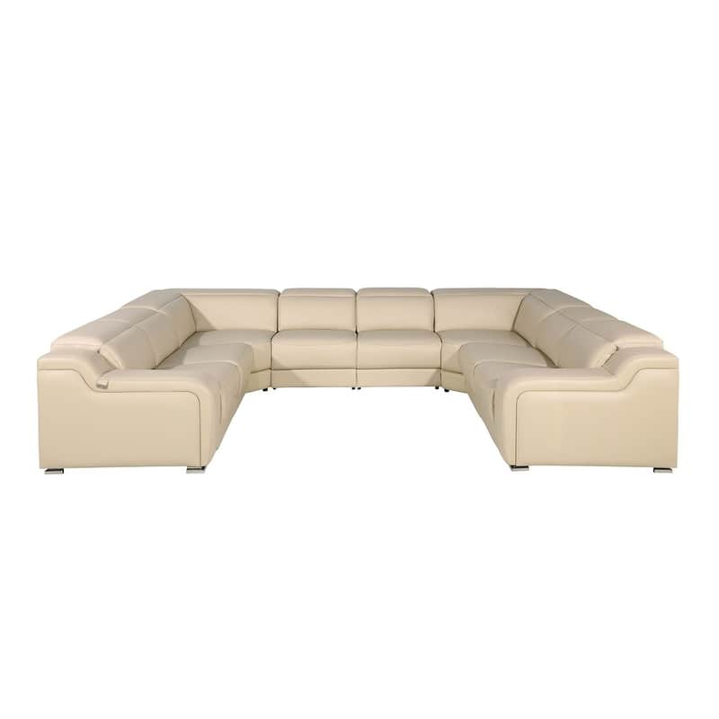 HomeRoots Beige Italian Leather Power Reclining U Shaped Eight Piece Corner Sectional With Console