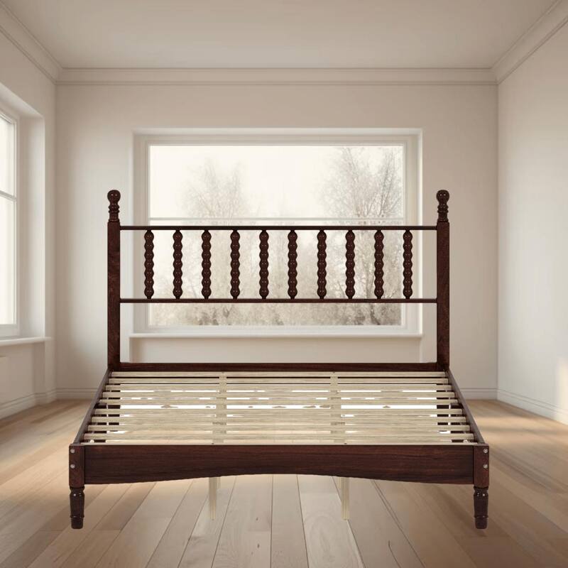 Queen Size Wood Platform Bed with Gourd Shaped Headboard, Retro Style, No Box Spring Needed, Sturdy Wooden Slats for Bedroom
