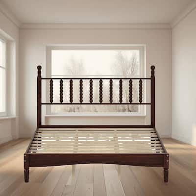 Queen Size Wood Platform Bed with Gourd Shaped Headboard, Retro Style, No Box Spring Needed, Sturdy Wooden Slats for Bedroom