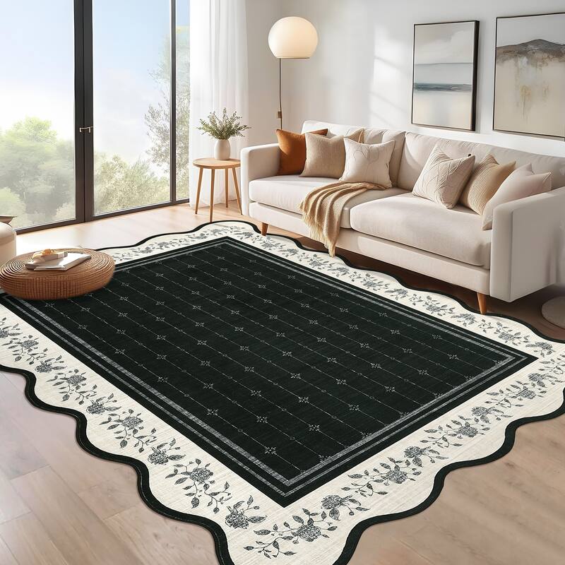 Garvee Scalloped Rose Floral Bordered Area Rug - 9'x12' - Black