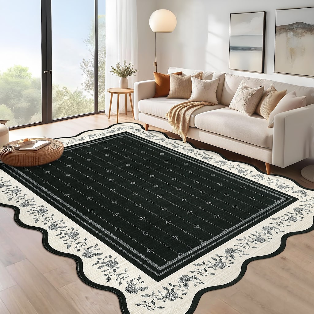Garvee Scalloped Rose Floral Bordered Area Rug