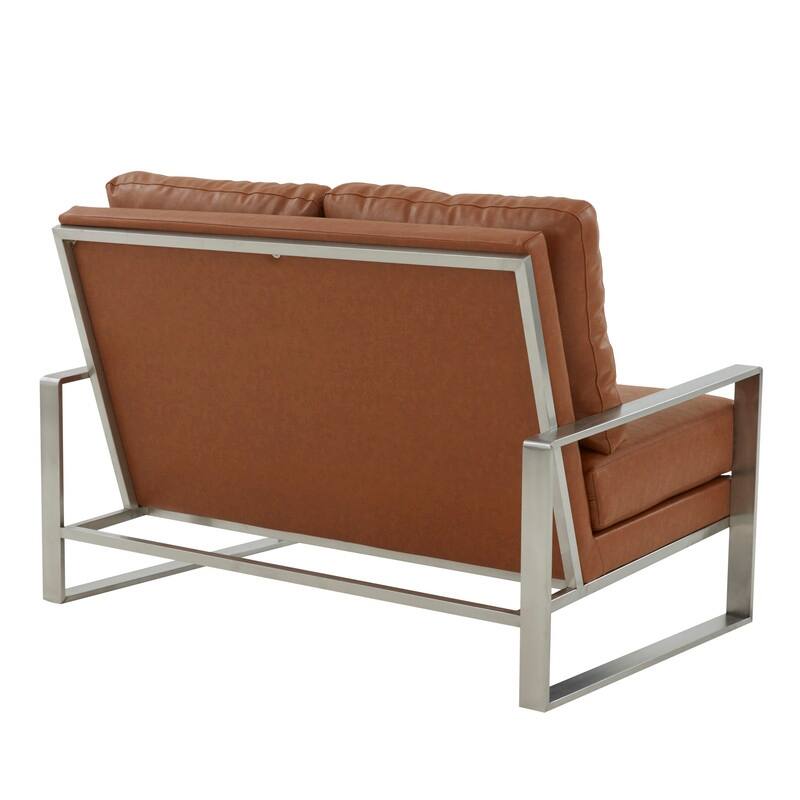 Jefferson Modern Leather Loveseat with Brushed Silver Stainless Steel Base, Removable Cushions, Sinuous Springs, Fully Assembled