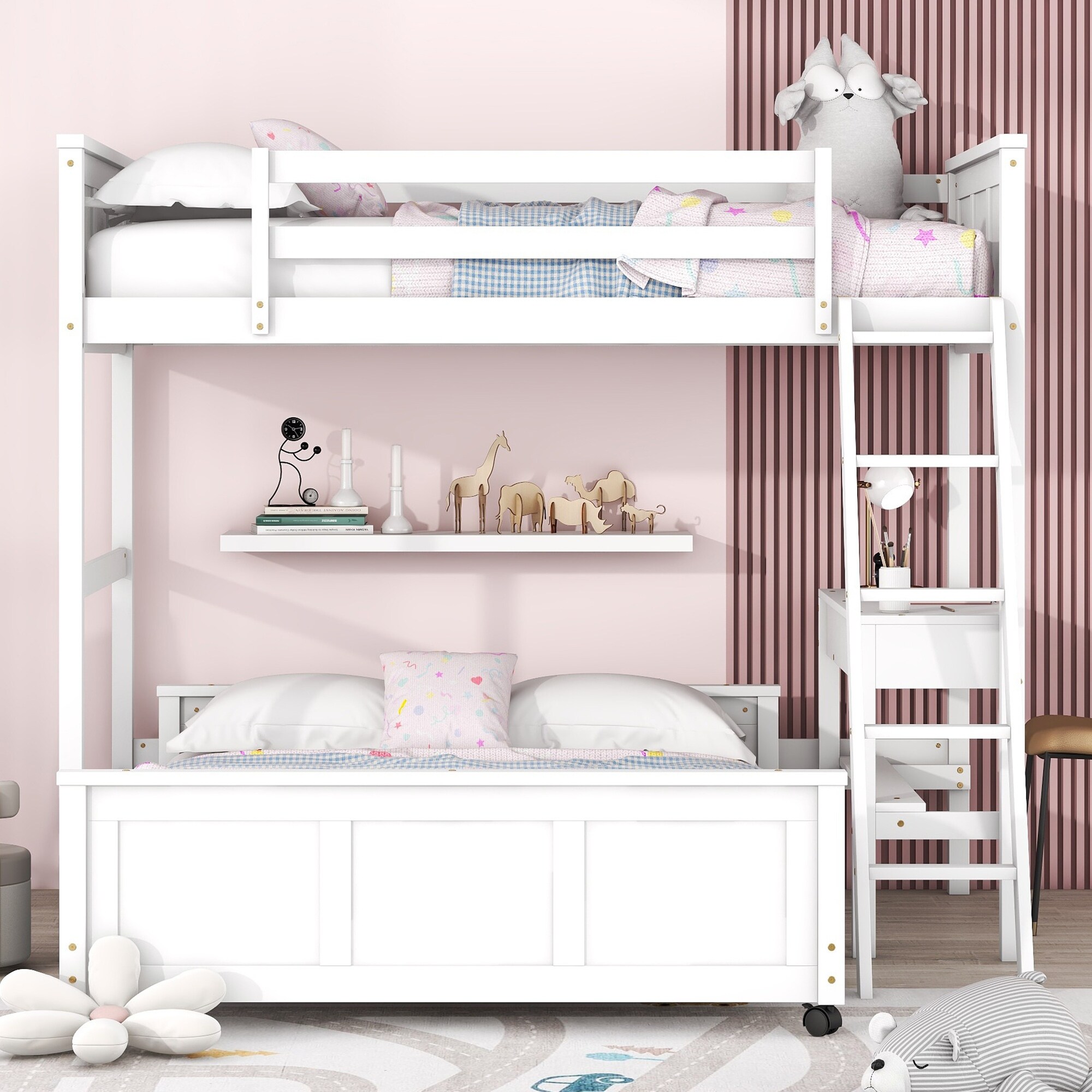 L Shaped Bunk Bed with All in One Desk and Drawers Up Bed with Safety Guardrail Down Bed with Wheels Twin Over Full White