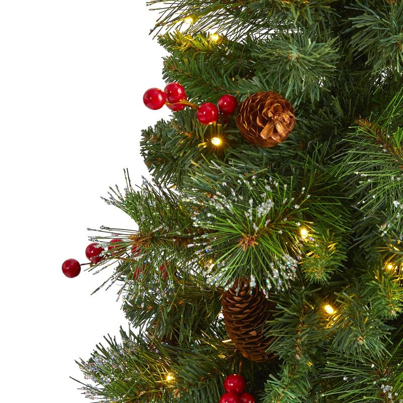 4Ft Christmas Tree with Lights - Pinecone & Berry Decor, Urn Base - Holiday Tree for Home & Office - Green - 50