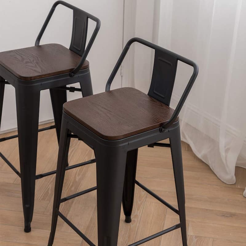 Metal Bar Stools Set of 4 black counter stools with Wooden Seats