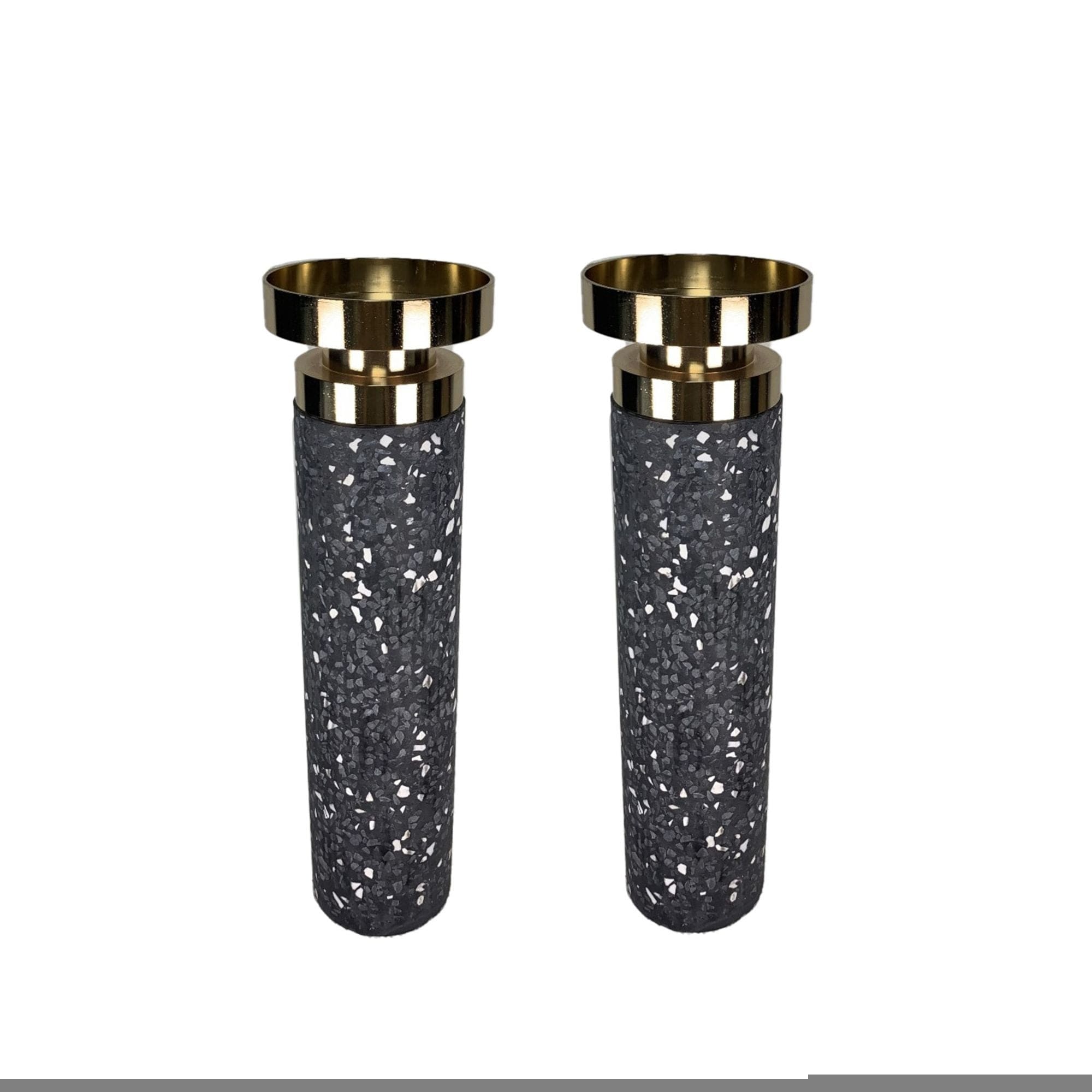 Black Set of Two Splattered Ceramic Candlesticks with Gold Trim