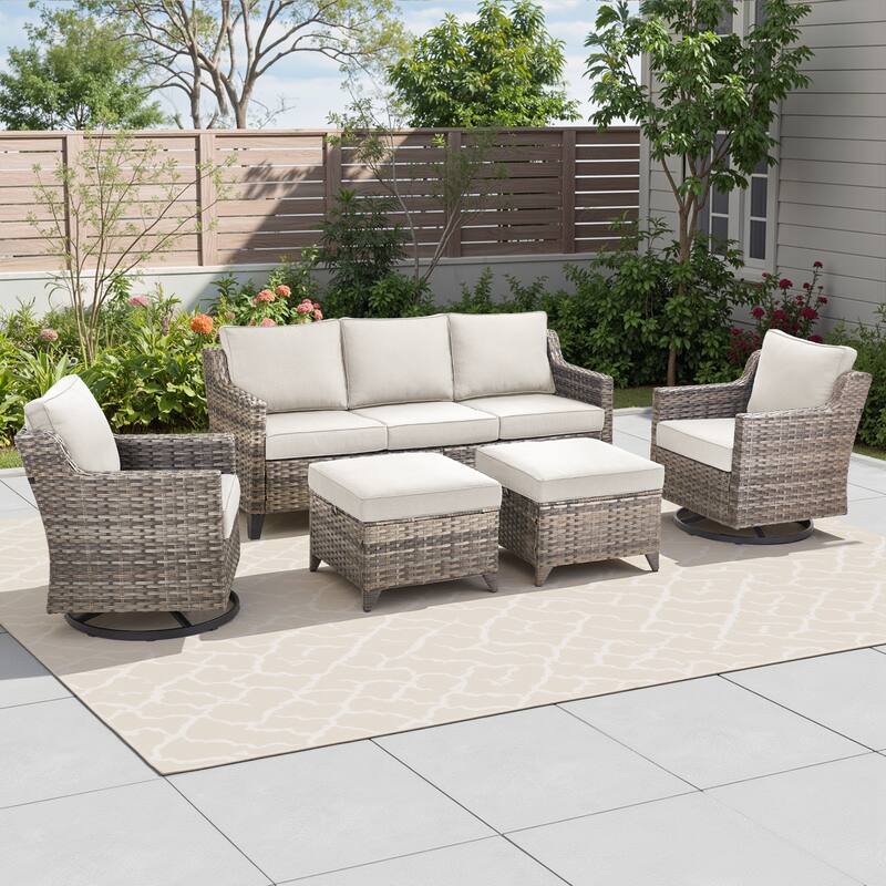 Pocassy 5-Piece Outdoor Sofa Swivel Chair with Ottoman Set - Beige Cushion Gray Wicker - 5-Piece Sofa Swivel Chair w/ Ottoman Set
