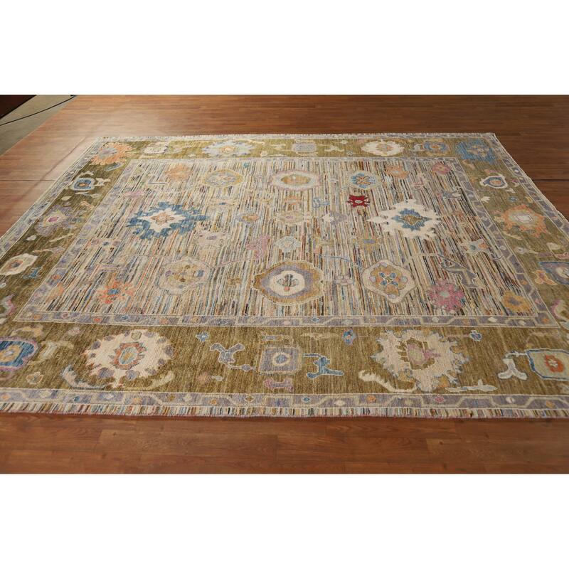 Hand Knotted Oriental 100% Wool Carpet Transitional Floral Multi-Colored Oushak Area Rug - 9' 5'' X 8' 2''
