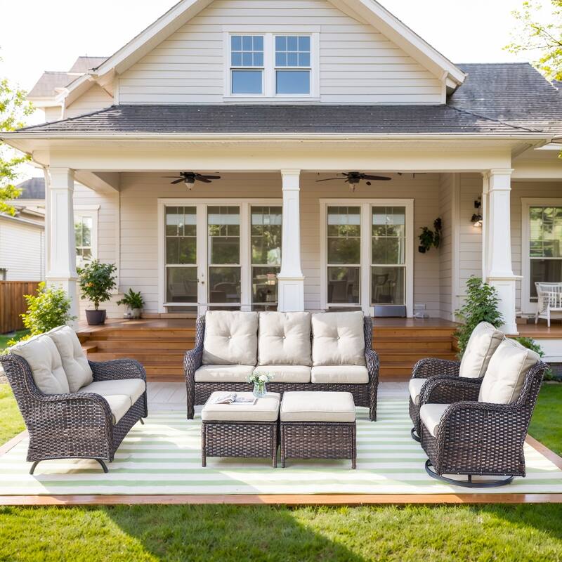 Outdoor Sofa with 2 Swivel Chair and Glider Sofa - Beige cushion - Brown - Beige - Brown
