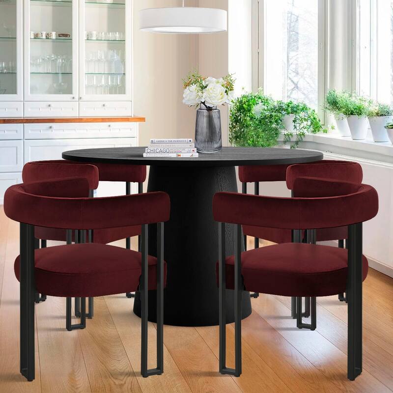 46" Black Round Dining Table Set with 4 Curved Back Arm Chairs - Red