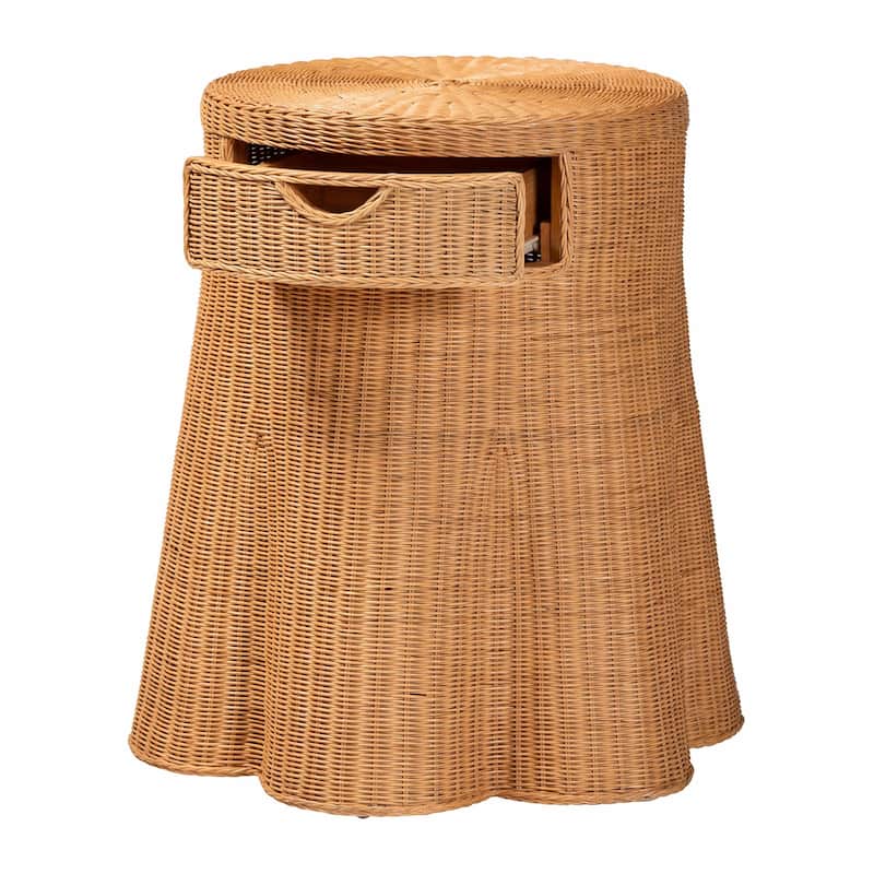 Dayo Scalloped Natural Rattan Console Table with Drawer - Handwoven Wicker Accent Table with Flared Skirt, Coastal Boho Style