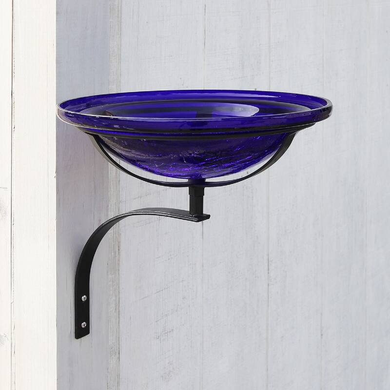 Achla Designs Reflective Crackle Glass Birdbath Bowl With Wall Mount Bracket, 12.5 Inch Diameter, Cobalt Blue