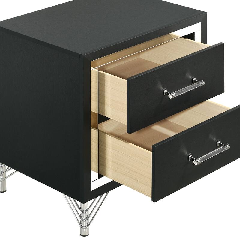 Sleek Black 2-Drawer Nightstand with Chrome Trim and Hairpin Legs