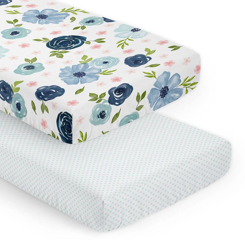 Sweet Jojo Designs Blush Pink and Blue Boho Floral Girl 2 Pack Fitted Crib Sheets Bohemian Farmhouse Shabby Chic Watercolor Rose