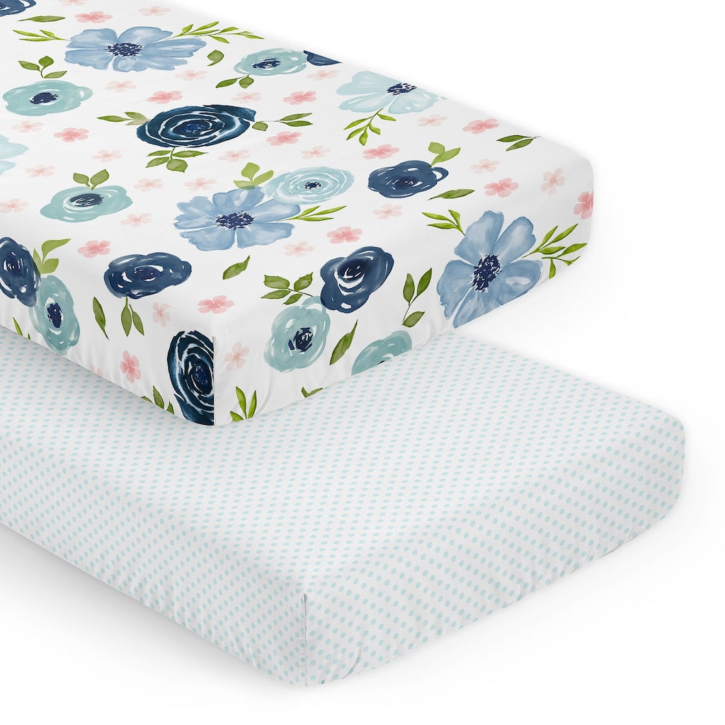 Sweet Jojo Designs Blush Pink and Blue Boho Floral Girl 2 Pack Fitted Crib Sheets Bohemian Farmhouse Shabby Chic Watercolor Rose