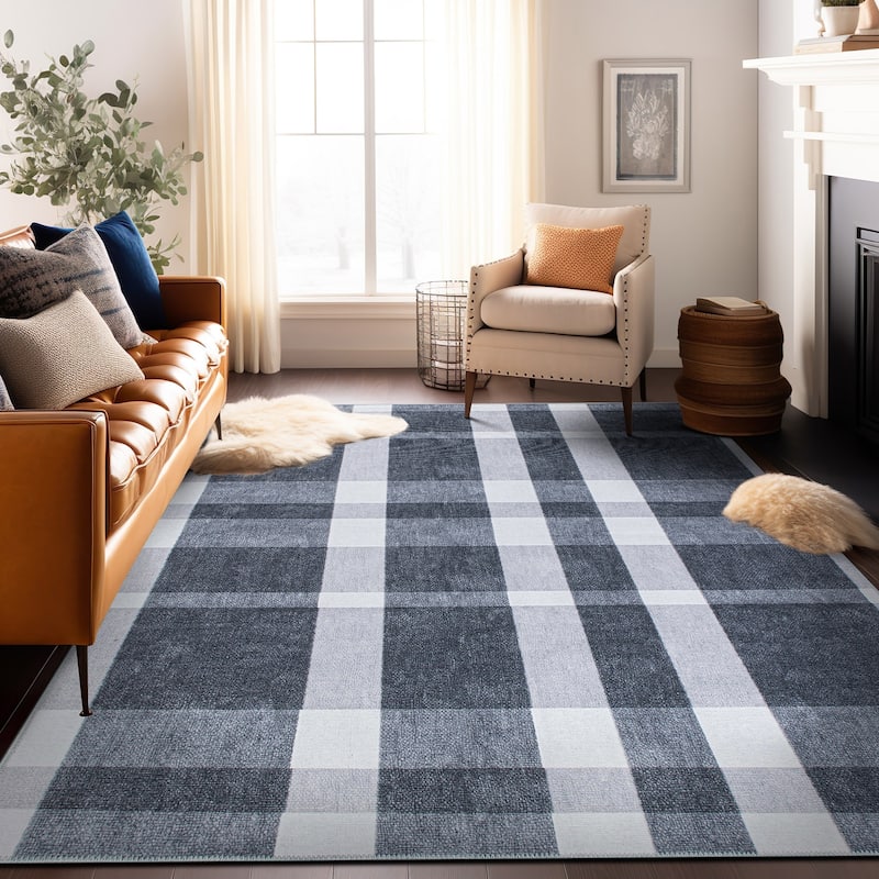 Contemporary Modern Plaid Machine Washable Area Rug
