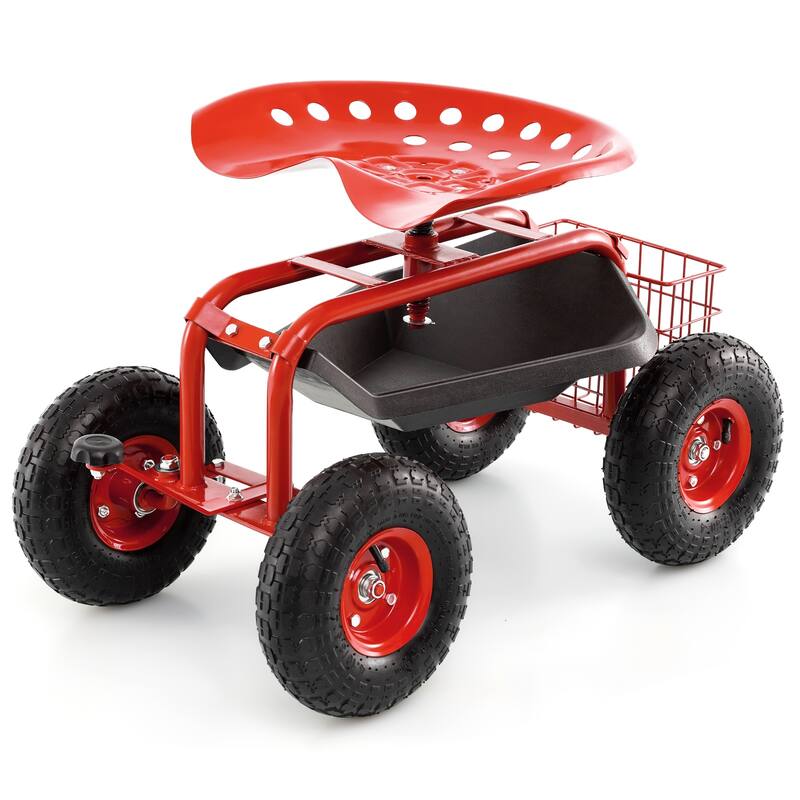 Gymax Cart Wagon Rolling Work Seat w/ Tool Tray Basket Planting Patio - Red