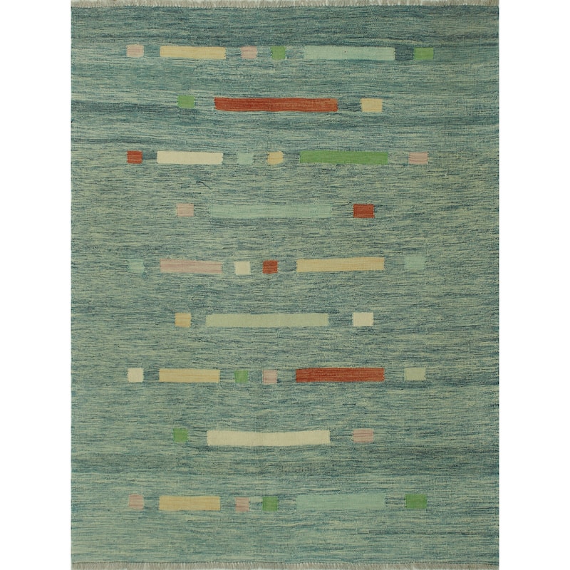 Hand-Woven Winchester Kilim Dannon Blue/Rust Rug - 5'1" x 6'5"
