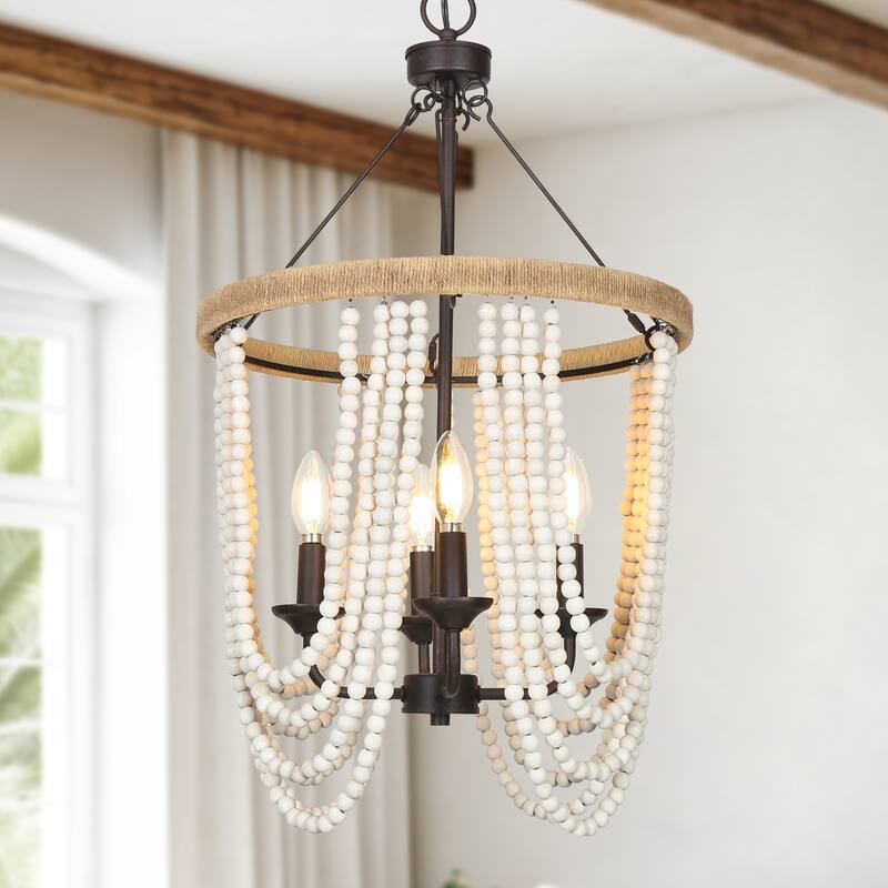 Renia Farmhouse 4-light Wood Beaded Chandelier Rustic Hemp Rope Basket Coastal Ceiling Lights