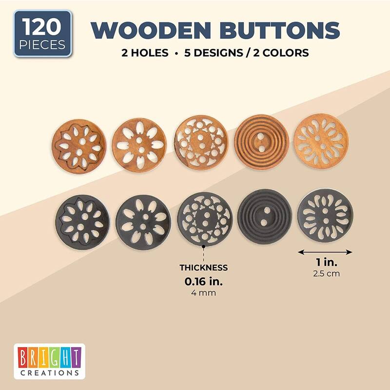 Bright Creations Wooden Buttons for Crafts and Sewing, 5 Designs (0.98 in, 120 Pieces)