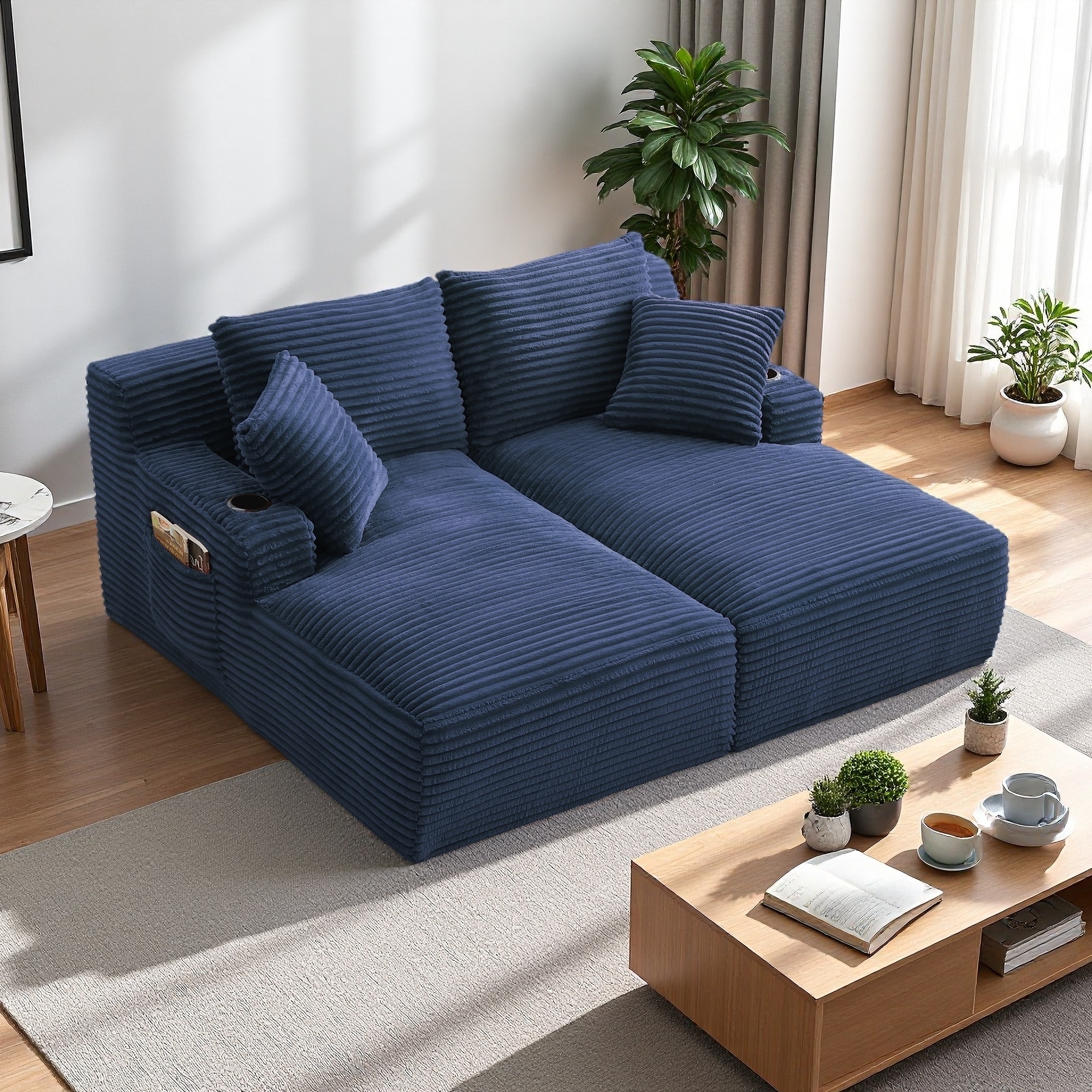 70.9" Corduroy Double Chaise Loveseat with Cup Holders and Sleeper Function