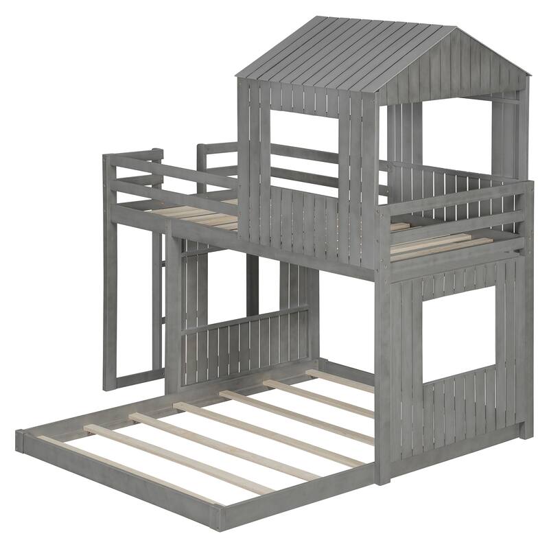 Twin Over Full Bunk Bed with Playhouse, Farmhouse Design, Ladder and Guardrails, Antique Gray