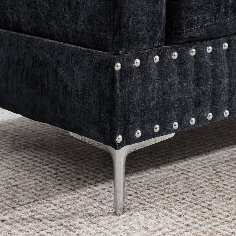 Roomfitters Sectional 3-Seater Sofa with Chaise, Storage Ottoman, Metal Legs, Nailhead Trim and Two Pillows