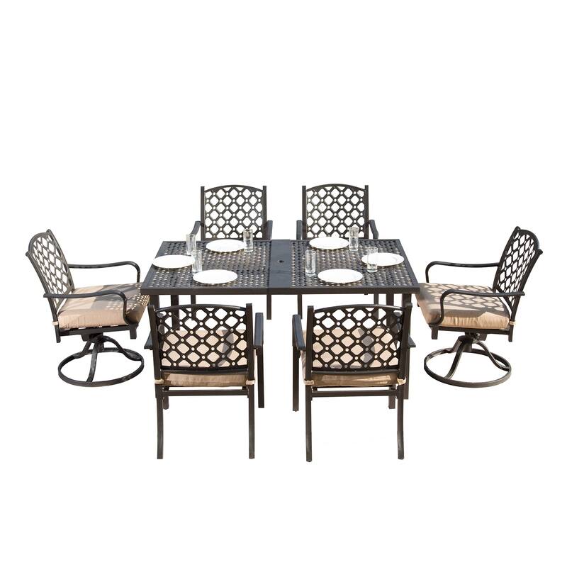 Outdoor 7 pcs Patio Dining Set, Metal Dining Table, Swivel and Dining Chairs Conversation Set with Removable Beige Cushi