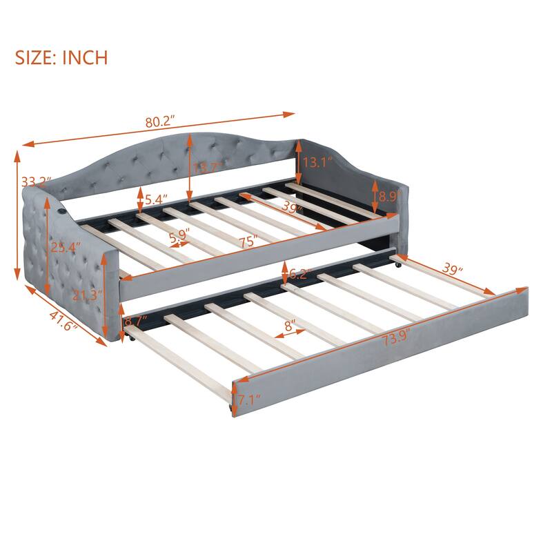 Gray Twin Tufted Velvet Daybed with Trundle & Type-C Charging