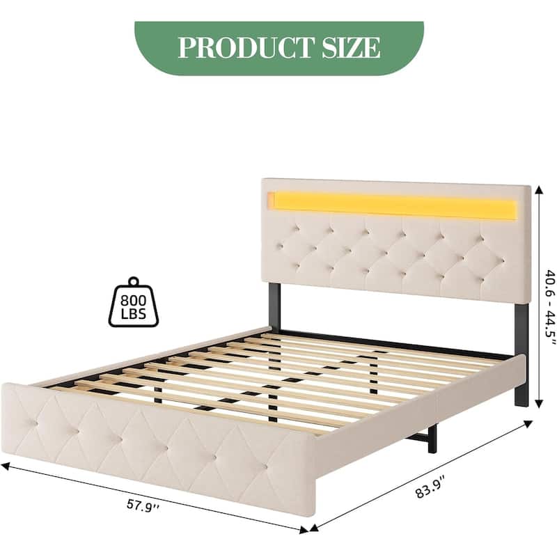Upholstered Bed Frame with Storage Headboard, LED Lights, Charging Station & Wood Slats, Easy Assembly