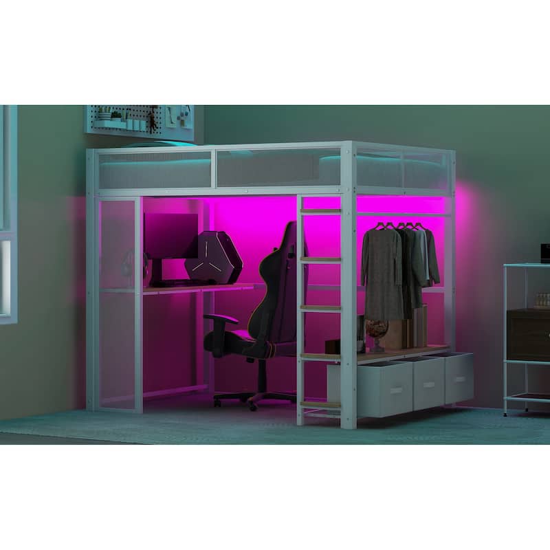 Full Size Metal Gaming Loft Bed with 16-Color LED, Study Desk & 3 Storage Drawers (400lb Capacity)