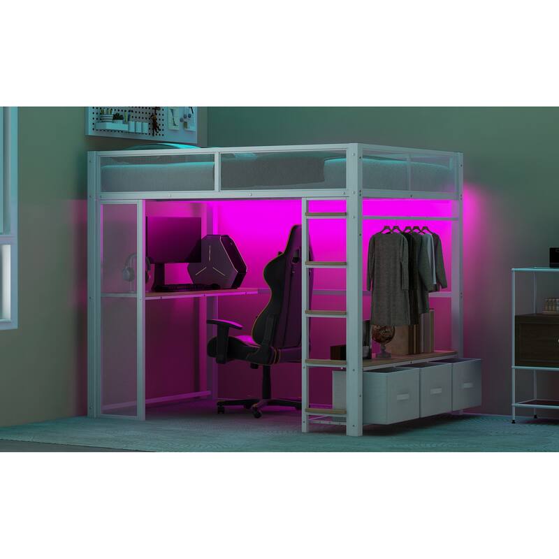 Full Size Metal Loft Bed with LED, Desk, Wardrobe, and Storage Drawers, White
