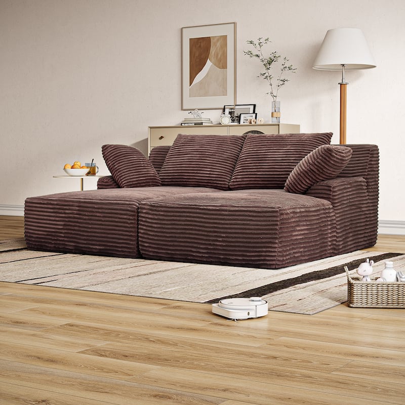 Fluffy Double Chaise Lounge Set Plush Corduroy Sleeper Sofa Bed