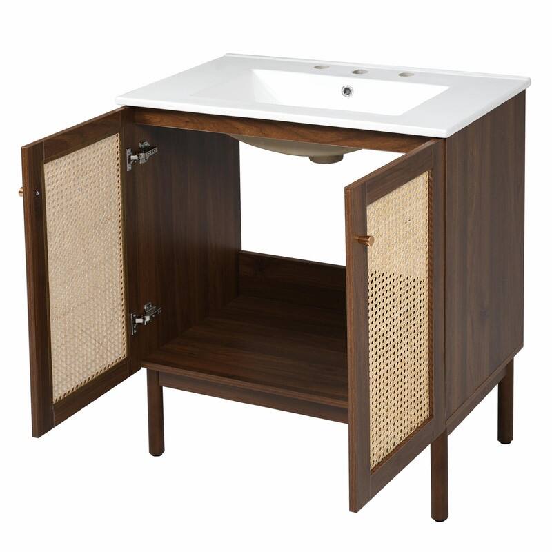 30" Bathroom Vanity with Handwoven Bamboo Doors, MDF Cabinet