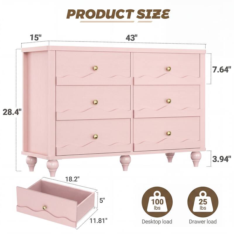 Narill Wave-Inspired 6-Drawer Dresser Closet Organizer, 43-In Chest of Drawers TV Stand