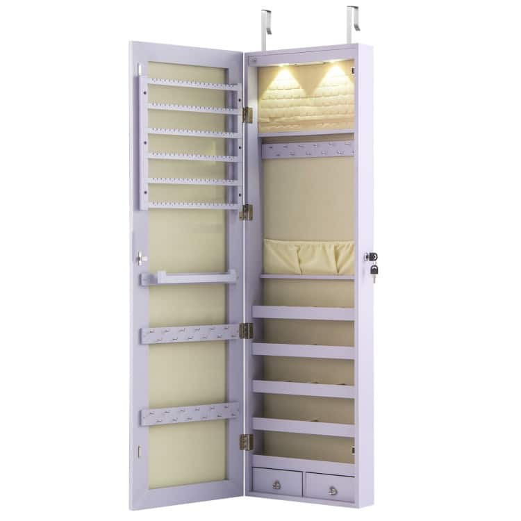 LED Lights Wall and Door Mounted Jewelry Storage Lockable Cabinet with Full Length Mirror - 14" x 4" x 54.5" (L x W x H)