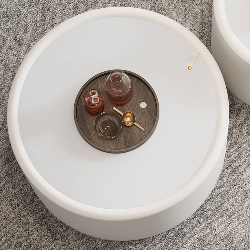 White Round Coffee Table with Tempered Glass Top and Hidden Storage