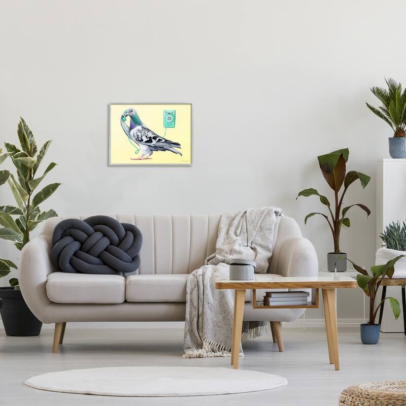 Stupell Pastel Pigeon Vintage Phone Call Yellow Background Framed Wall Art, Design by Amelie Legault